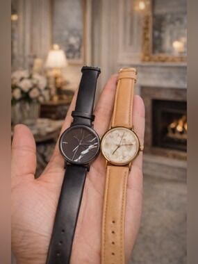 TWO WATCHES RUNNING Navy Blue and Tan Faux Leather Strap Watches Quartz Mvmt